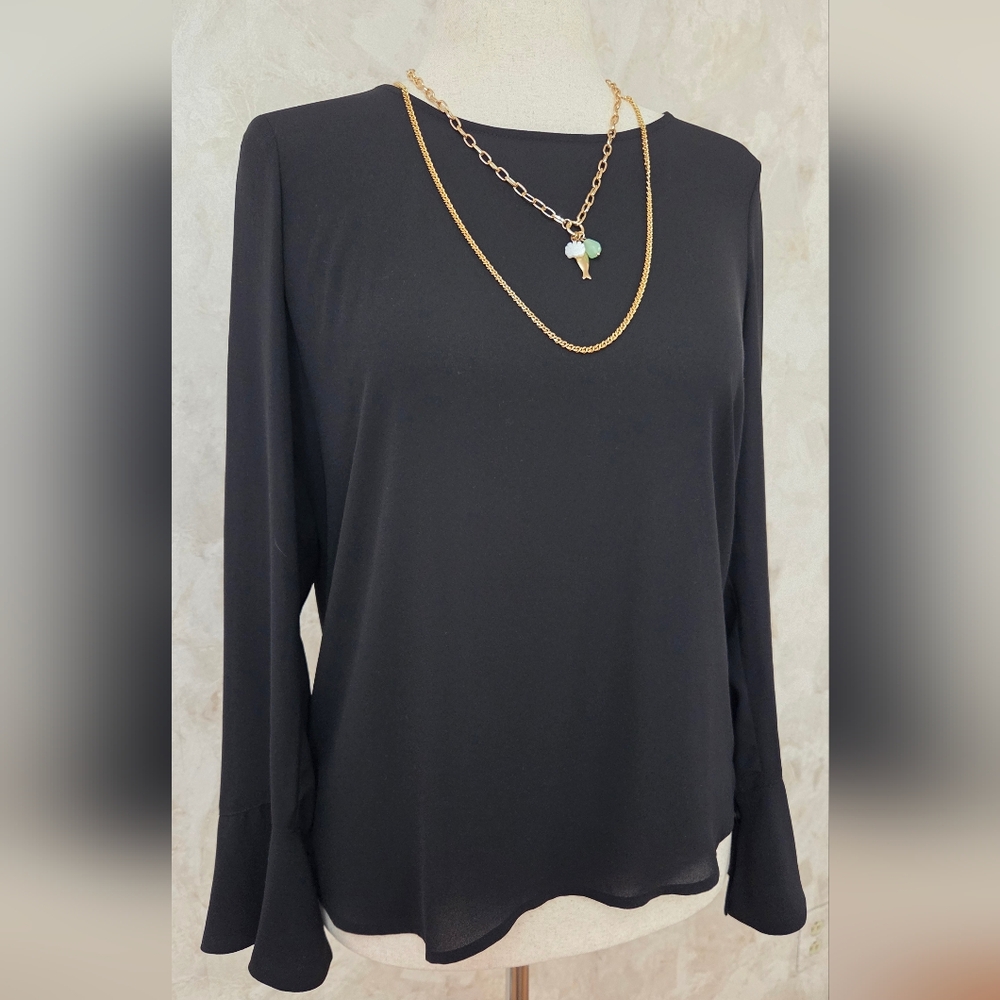 Pleione Black Bell Sleeve Blouse Boho Career Top Size Small